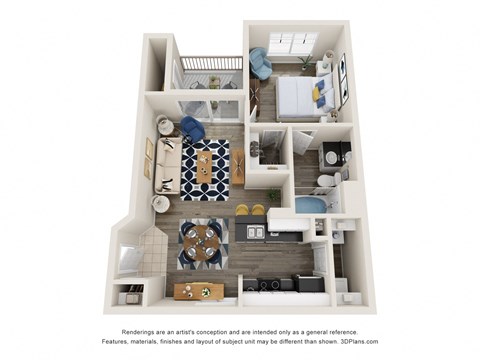 Floor plan for 1 bed, 1 bath, 629 sqft